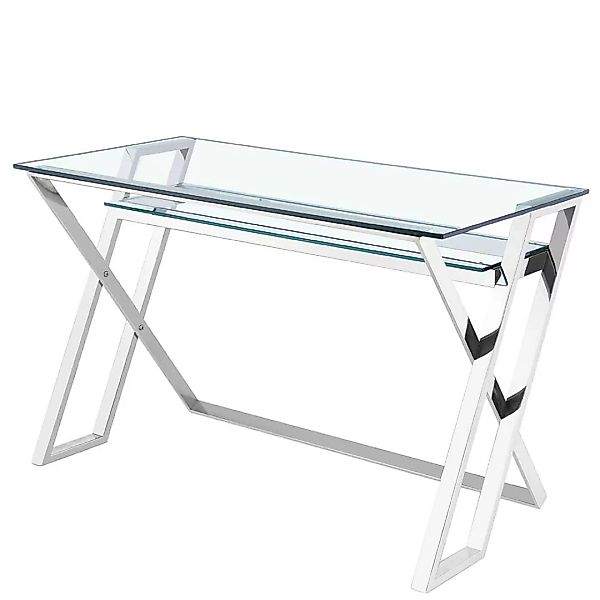 Design Schreibtisch aus Edelstahl Chromfarben Glasplatte günstig online kaufen