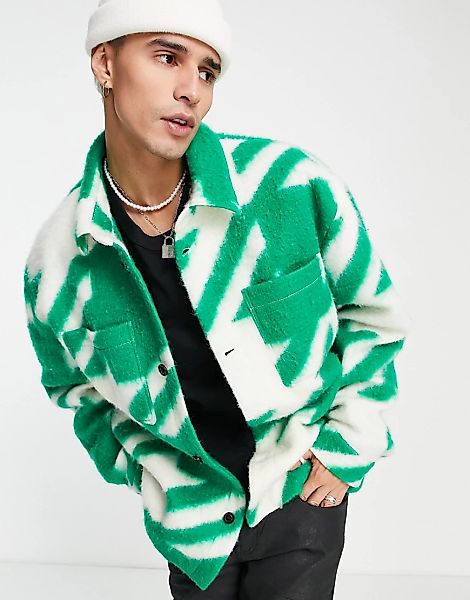 ASOS DESIGN – Oversize-Jacke aus Wollmix mit Hahnentrittmuster-Grün günstig online kaufen