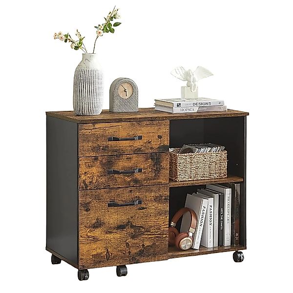 Songmics Rollcontainer Karsen 3 Schubladen 2 Offene Fächer Braun-Schwarz günstig online kaufen