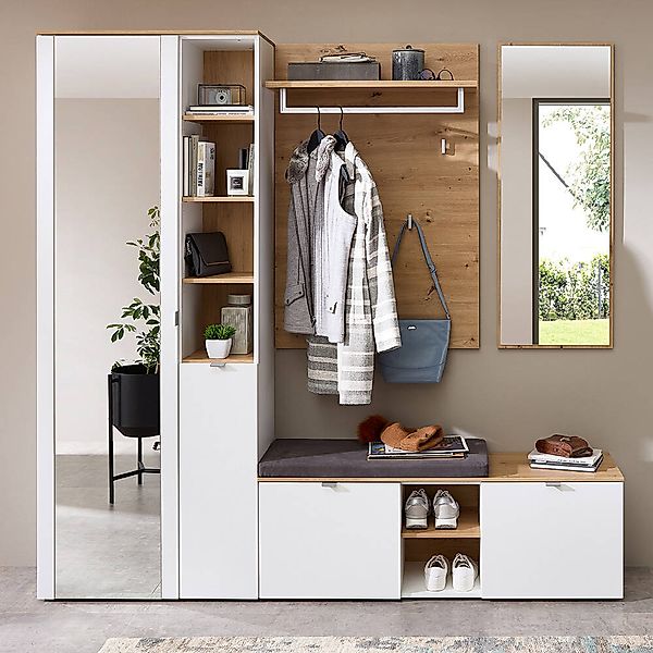 Garderoben Set mit Garderobenschrank weiß matt mit Eiche BLISS-36, 4-teilig günstig online kaufen