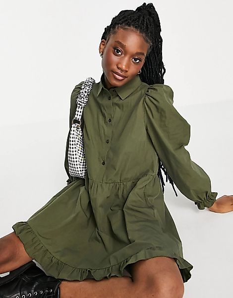 Miss Selfridge – Hängerkleid mit Hemdkragen und Rüschensaum in Khaki-Grün günstig online kaufen