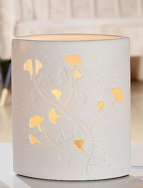 GILDE Tischleuchte Tischleuchte Ginkgo – Elegantes Lichtspiel aus Porzellan günstig online kaufen