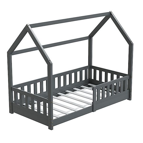 HAGO Kinderbett 80x160cm Grau Hausbett Dach Rausfallschutz Massivholz Kiefe günstig online kaufen