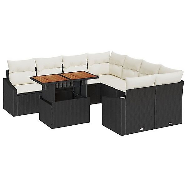 vidaXL Loungesofa 9-teiliges Garten Essgruppe mit Kissen Schwarz Poly Ratta günstig online kaufen