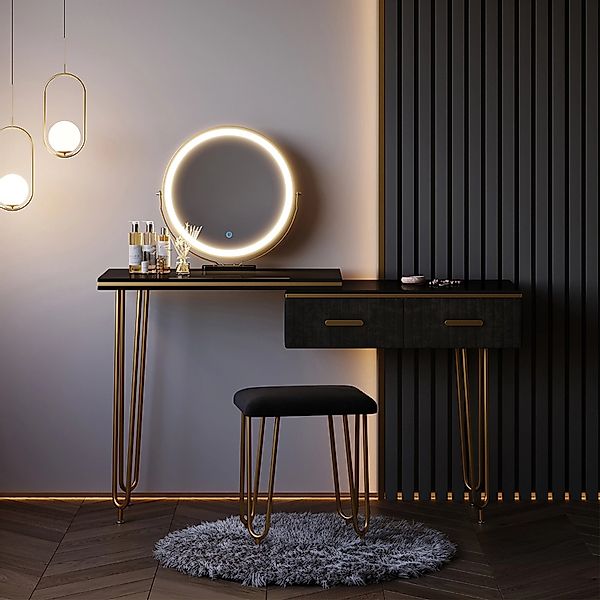 Vicco Schminktisch Zoey, Schwarz Hochglanz, 120 cm mit LED Spiegel und Hock günstig online kaufen