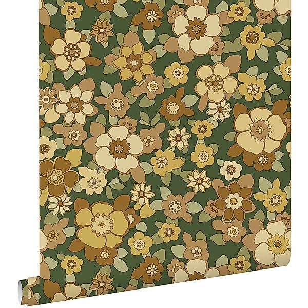 ESTAhome Tapete Retro Blumen Dunkelgrün und Gelb 50 x 900 cm günstig online kaufen