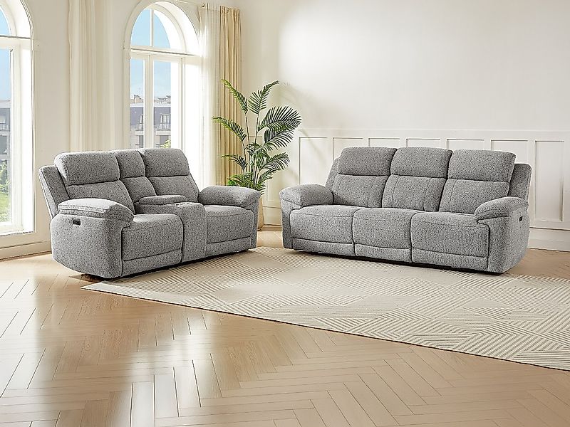 Relaxsofa 3-Sitzer & 2-Sitzer elektrisch – melierter Stoff – Grau – KELUNO günstig online kaufen