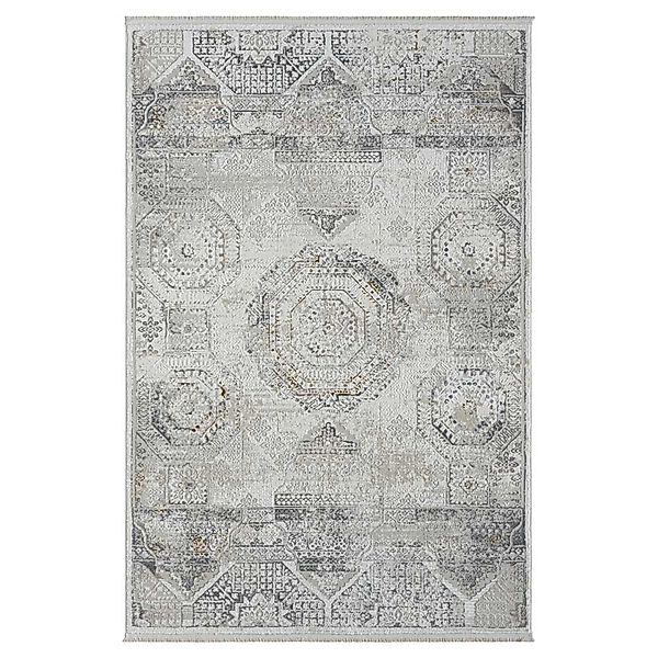 Kurzflor Teppich Vintage Look mit Ornament Muster Hellgrau und Creme günstig online kaufen