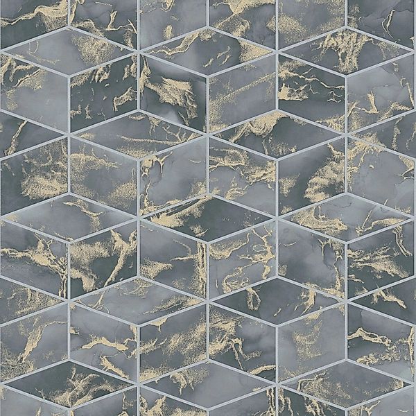 PROFHOME 378634-GU Grafik Tapete Geometrisch Blau Gold Schwarz 0,53 m x 10, günstig online kaufen