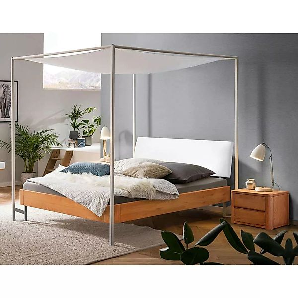 Himmel Bett mit Baldachin im Skandi Design Eiche Massivholz und Metall günstig online kaufen
