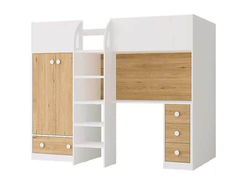 Hochbett mit Kleiderschrank & Schreibtisch - 90 x 190 cm - Weiß & Holzfarbe günstig online kaufen