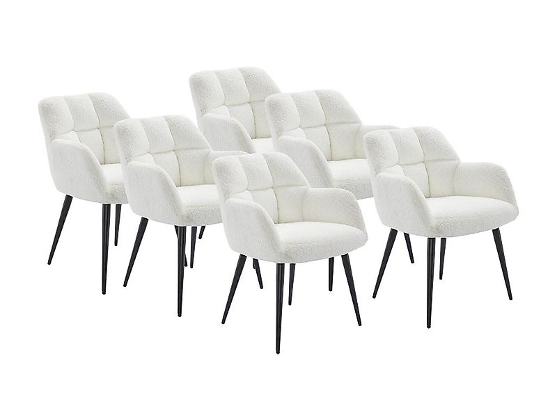 Stuhl mit Armlehnen 6er-Set - Bouclé-Stoff & Metall - Weiß - PEGA günstig online kaufen