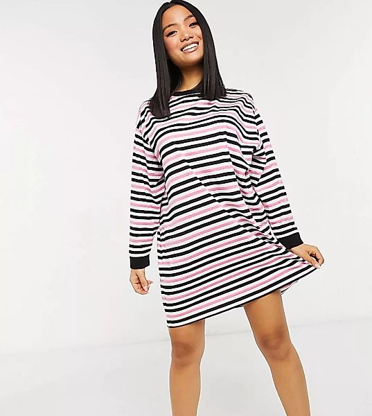 ASOS DESIGN Petite – Langärmliges Oversize-Shirtkleid mit Streifen in leuch günstig online kaufen