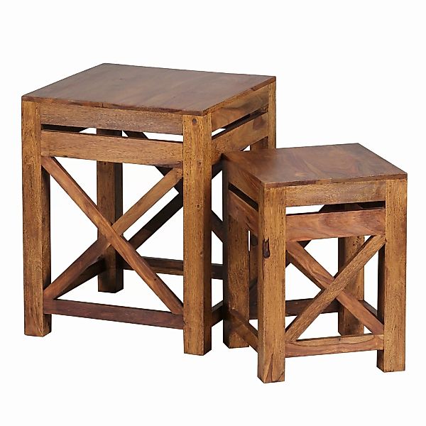 2er Set Beistelltisch PALI Massiv-Holz Sheesham Wohnzimmer-Tisch Design dun günstig online kaufen