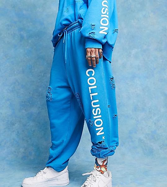 COLLUSION – Zerrissene Oversize-Jogginghose in Blau mit Logo, Kombiteil günstig online kaufen