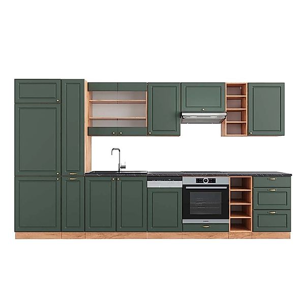 Vicco Fame-Line Küchenzeile Grün-Gold Landhaus/Goldkraft Eiche 355 cm AP An günstig online kaufen