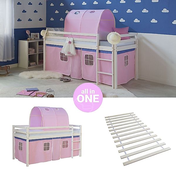 Homestyle4u Hochbett 90x200 mit Vorhang Lattenrost und Tunnel in Weiß 2551 günstig online kaufen