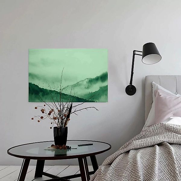 Bricoflor Grüne Leinwand Mit Landschaft Aquarell Bild Mit Bergen Und Vögeln günstig online kaufen