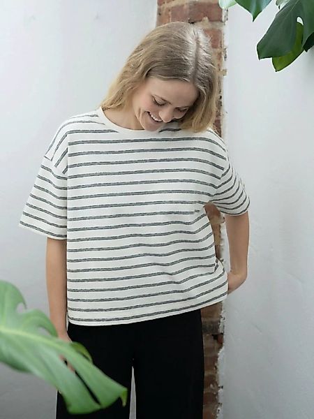 FUXBAU T-Shirt Gestreiftes Boxy Frauen T-Shirt Milos - cremeweiß salbei coo günstig online kaufen