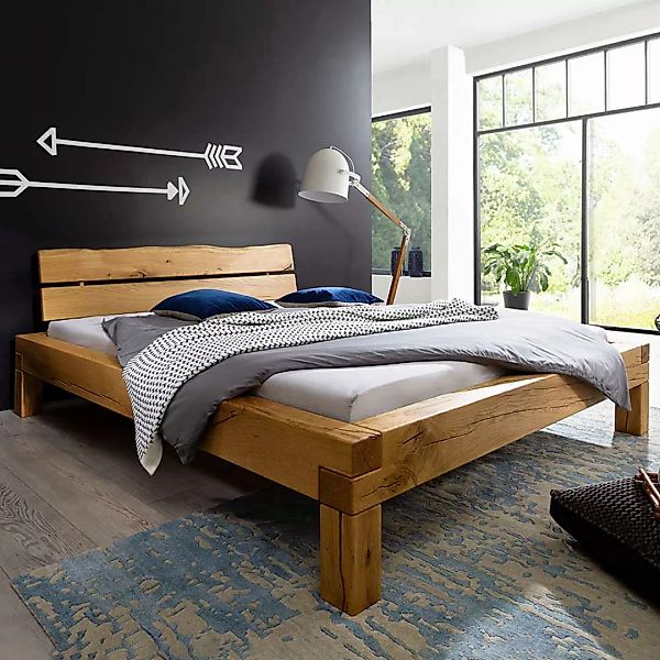 Balken Holzbett aus Wildeiche Massivholz rustikalen Design günstig online kaufen