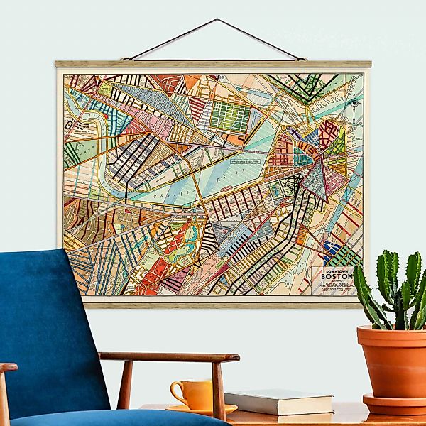Stoffbild Karten mit Posterleisten - Querformat Moderne Karte von Boston günstig online kaufen