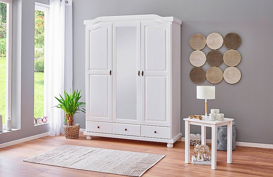 Inter Link Kleiderschrank Kappl Massivholz, 3 Schubladen, Spiegeltür, weiß günstig online kaufen