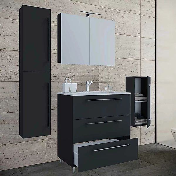 Badmöbelkomplettset mit Spiegelschrank in Schwarz Hochglanz (vierteilig) günstig online kaufen