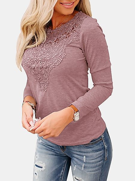 Einfarbige Hollow Out Lace O-Ausschnitt Langarm Bluse günstig online kaufen