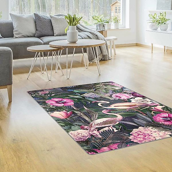 Teppich Bunte Collage - Pinke Flamingos im Dschungel günstig online kaufen