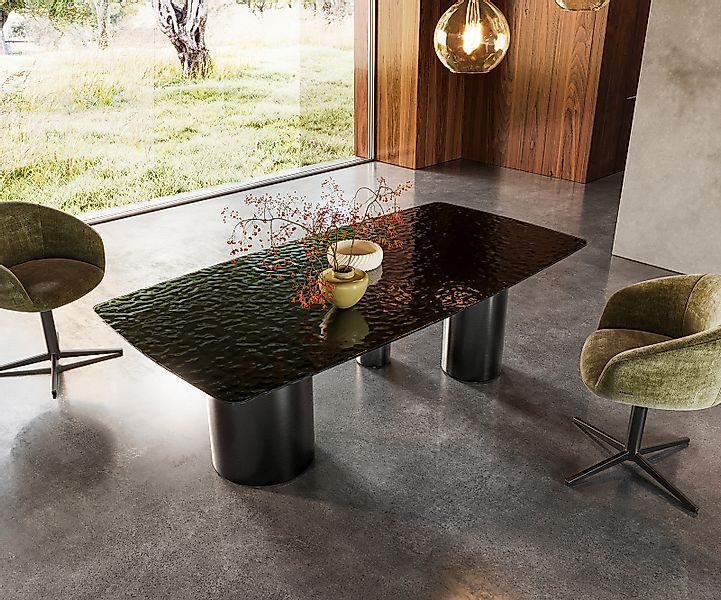 Esstisch Edge Boot 200x100 Reliefglas Rauchschwarz 3D-Design Troa Edelstahl günstig online kaufen