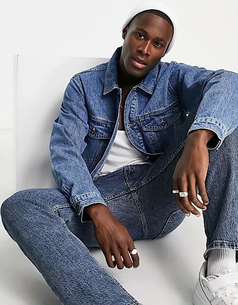 Topman – Klassische Western-Jeansjacke in verwaschenem Hellblau aus recycel günstig online kaufen