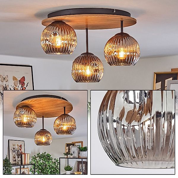 hofstein Deckenleuchte Deckenlampe aus Metall/Holz/Riffelglas in günstig online kaufen