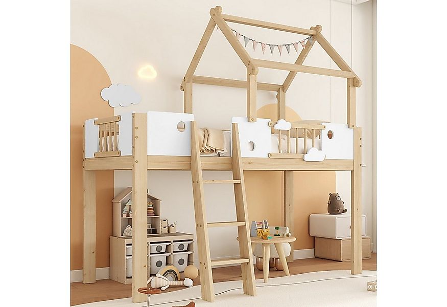 Merax Hochbett (1-St) Kiefer Kinderbett 90x200cm mit 3-stufiger Schrägleite günstig online kaufen