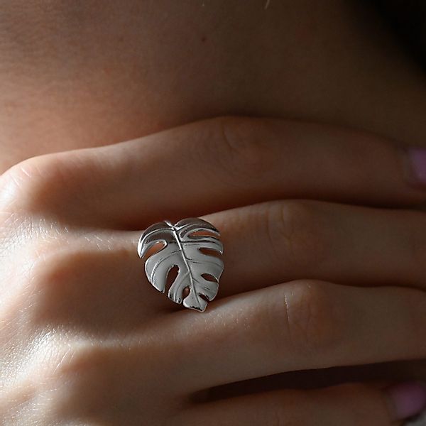 Runde Perlé Silberring Monstera Blatt verstellbarer günstig online kaufen