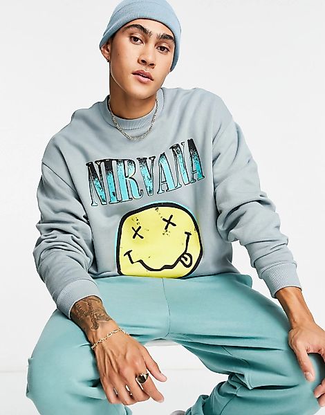 ASOS DESIGN – Oversize-Sweatshirt in Grün mit Nirvana-Smiley-Print günstig online kaufen