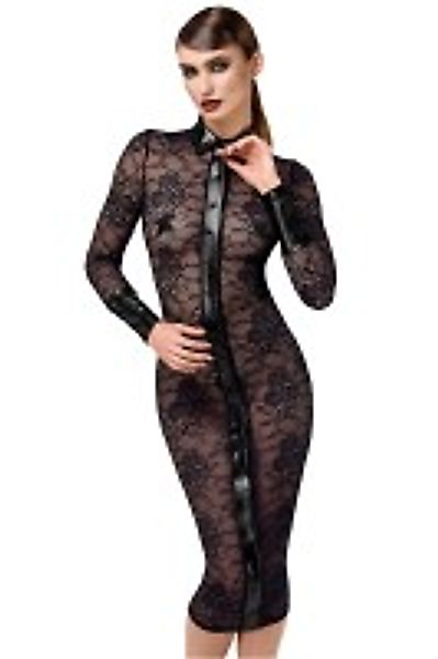 Halblanges Kleid aus Spitze mit Wetlook-Akzenten - Schwarz günstig online kaufen