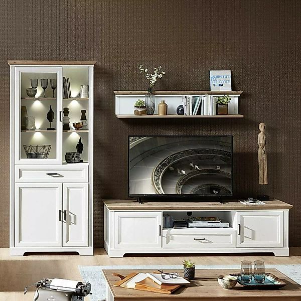TV-Wohnwand JÜLICH-36 inkl. großer Vitrine mit LED im Landhaus-Design Pinie günstig online kaufen