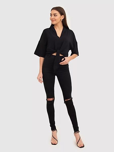 AX Paris Hemdbluse Schwarzes Hemd mit V-Kragen und Bindeband vorne günstig online kaufen