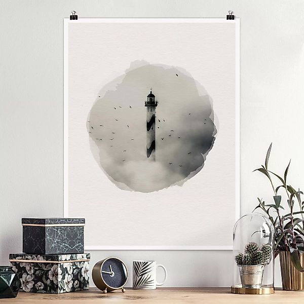 Poster Tiere - Hochformat Wasserfarben - Leuchtturm im Nebel günstig online kaufen