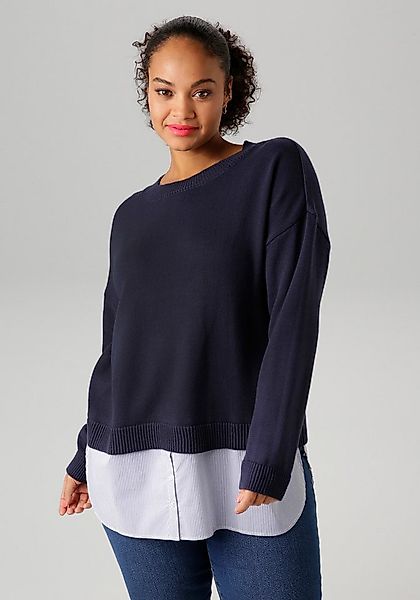 Aniston PLUS Strickpullover mit gestreiftem Bluseneinsatz am Saum günstig online kaufen