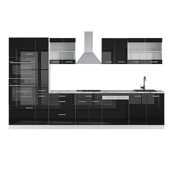 Vicco R-Line Küchenzeile Schwarz Hochglanz/Weiß 350 cm mit Hochschrankohne günstig online kaufen