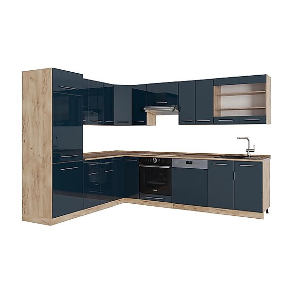 Vicco Fame-Line Eckküche Dunkelblau Hochglanz/Goldkraft Eiche 227 x 287 cm günstig online kaufen
