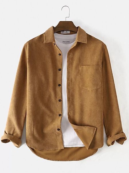 Herren Solid Color Cord Basic Fit Revers Langarmhemden mit Tasche günstig online kaufen