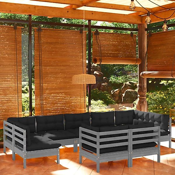 9-tlg. Garten-lounge-set Mit Kissen Grau Kiefer Massivholz günstig online kaufen