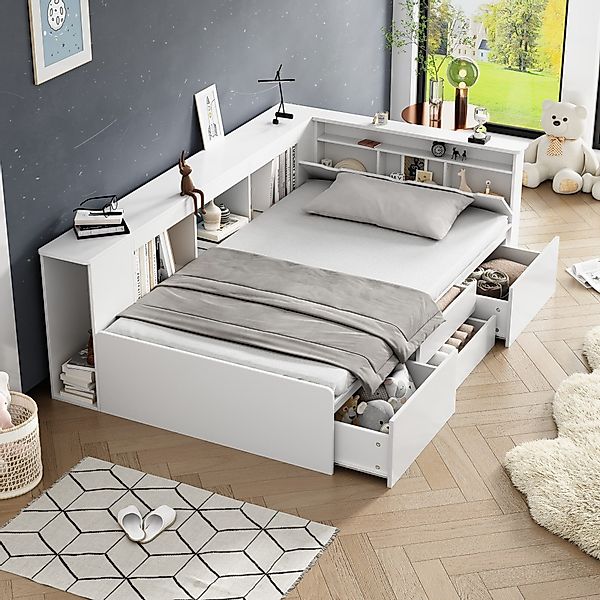 Ulife Kinderbett Jugendbett, Einzelbett mit Schubladen,Bücherregal günstig online kaufen