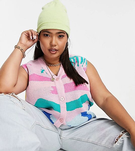 Native Youth Plus – Lässige, ärmellose Strickjacke mit Strandmotiv-Mehrfarb günstig online kaufen