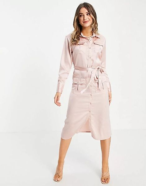 Lola May – Mittellanges Satin-Hemdkleid in Rosépink mit Taillenschnürung-Ro günstig online kaufen