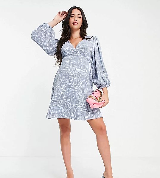 Glamorous – Bloom – Wickelkleid in Blau mit Tupfen und Puffärmeln günstig online kaufen
