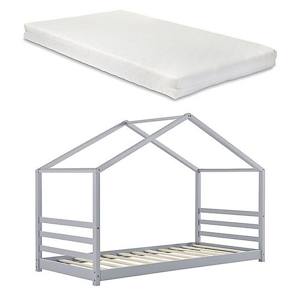 en.casa Kinderbett, Vardø Hausbett mit Matratze 90x200cm Grau günstig online kaufen