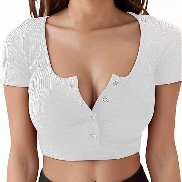 JDMGZSR Crop-Top Damen Sommer V-Kragen-T-Shirt Crop-Top Shapingtop Ärmel-Ta günstig online kaufen